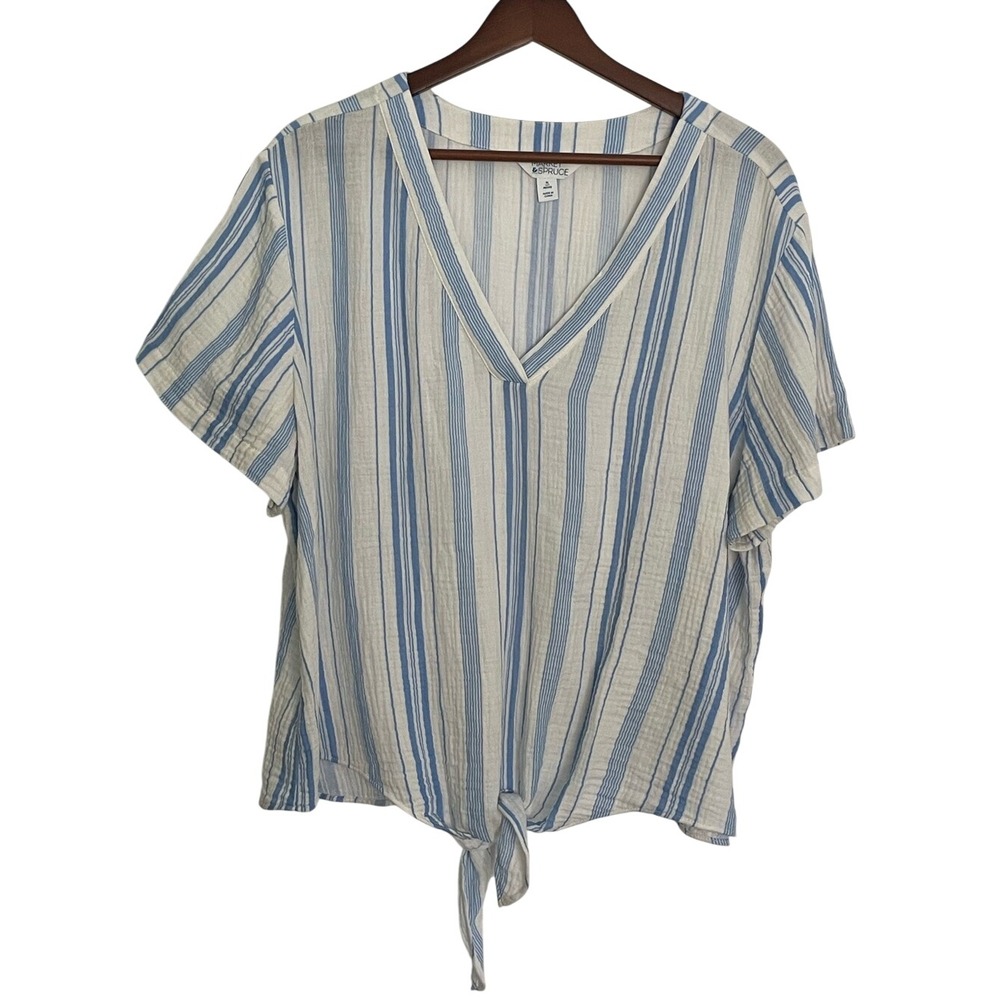 Market & Spruce XL Petite Striped Gauze Top Tie Front V Neck Coastal Blue White